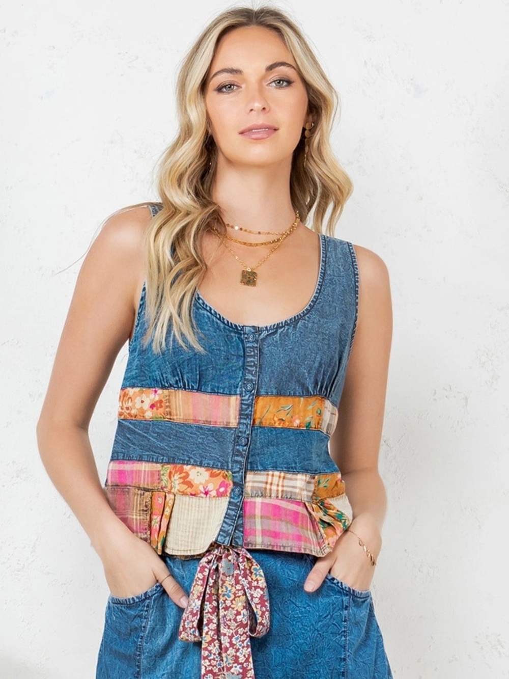 Patchwork Denim Tie-Front Tank Top - BlueSaylor Tank Top